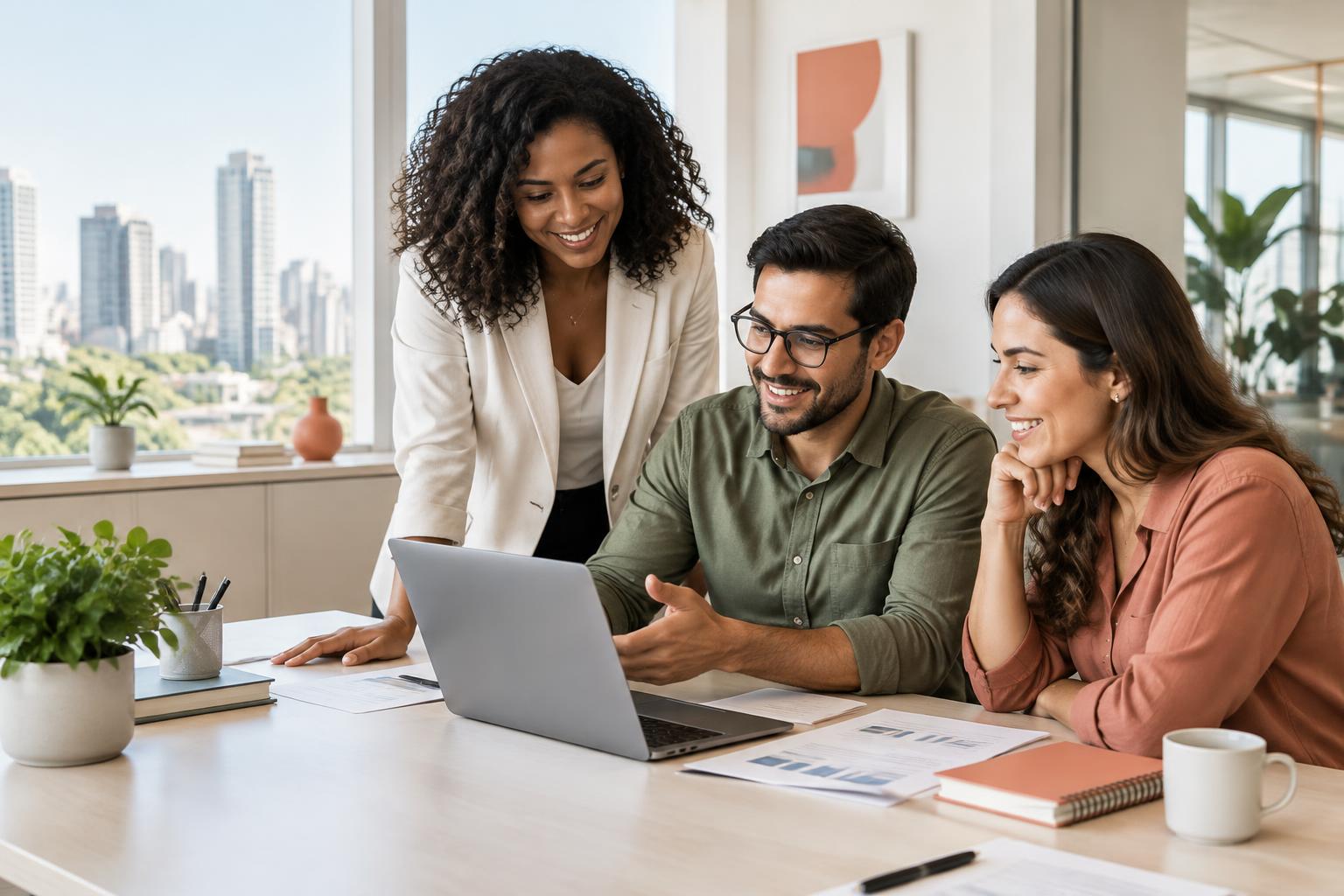 Equipe em um escritório moderno organizando processos comerciais